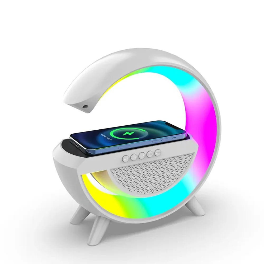 "Harmony Glow: Multifunctional Wireless Charger, Bluetooth Speaker, and RGB LED Night Light – Clockless Elegance"