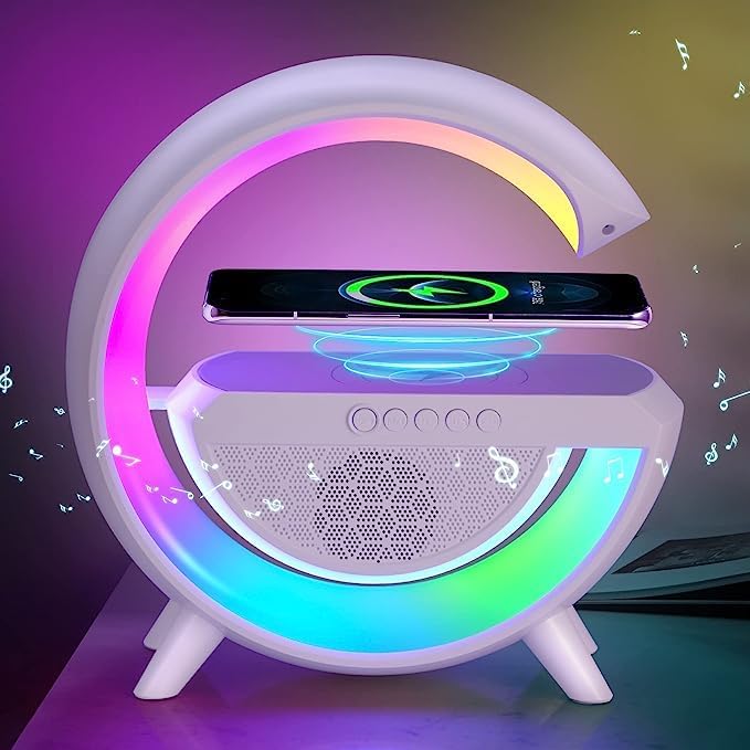 "Harmony Glow: Multifunctional Wireless Charger, Bluetooth Speaker, and RGB LED Night Light – Clockless Elegance"
